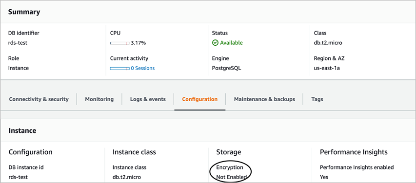The Summary page of source PostgreSQL DB instance shows encryption not enabled for storage.