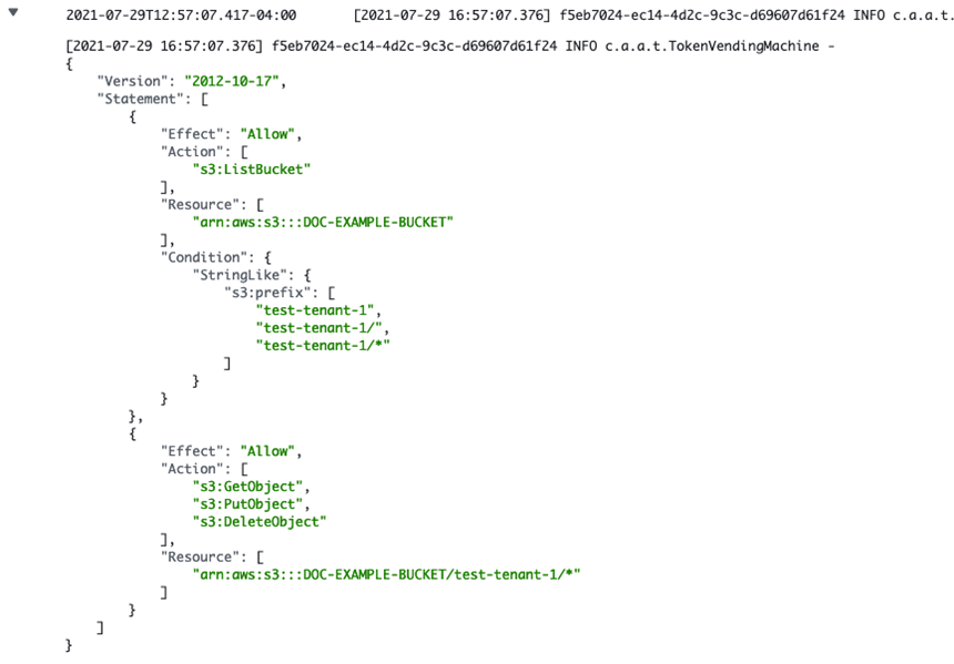 Log showing a dynamically generated policy produced by the TVM code.