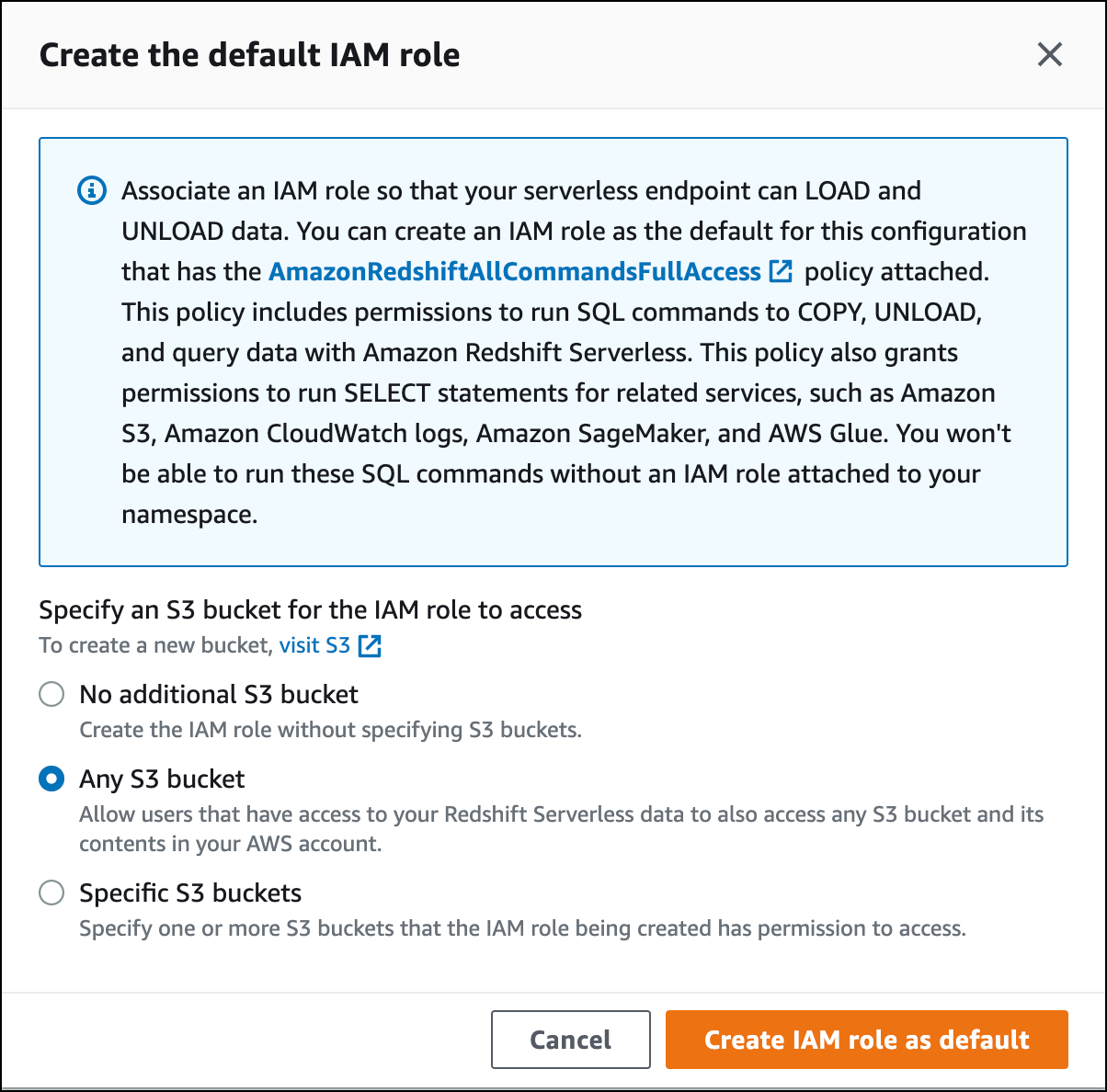 Crea un ruolo IAM da utilizzare come ruolo predefinito.