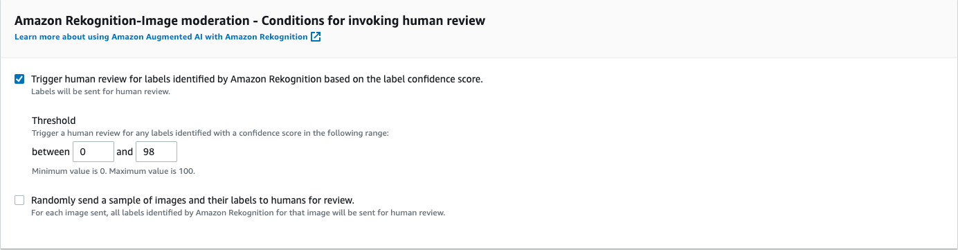 Console Amazon A2I che mostra le condizioni per invocare la sezione di revisione umana.