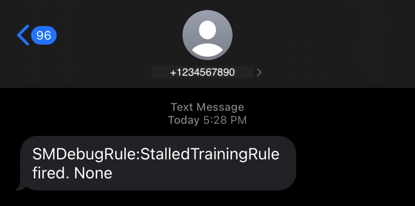 Un esempio di notifica tramite messaggio di testo inviata da Debugger quando rileva un problema di StalledTraining.