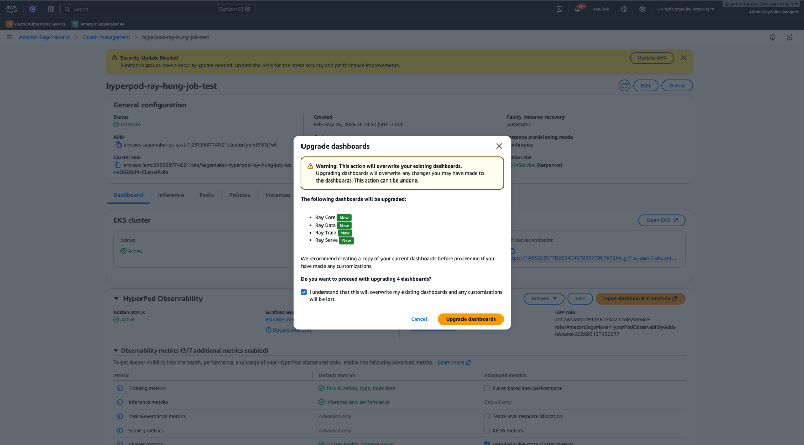 La finestra di dialogo Upgrade dashboard nella console SageMaker AI, che elenca le dashboard Ray Core, Ray Data, Ray Train e Ray Serve da aggiornare.