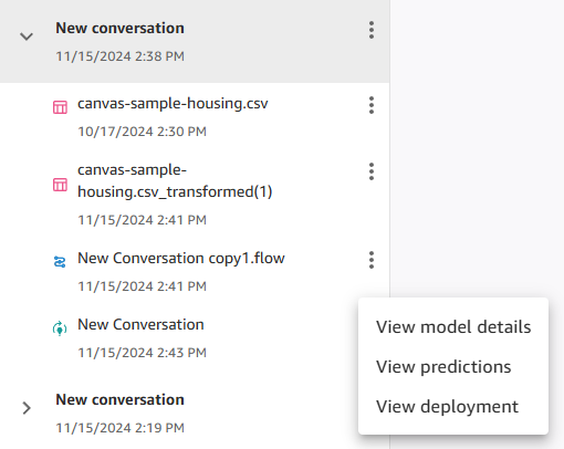 Un menu di conversazione con i puntini di sospensione di Q Developer è stato ampliato, mostrando le opzioni per la visualizzazione dei dettagli, delle previsioni e dell'implementazione dei modelli.