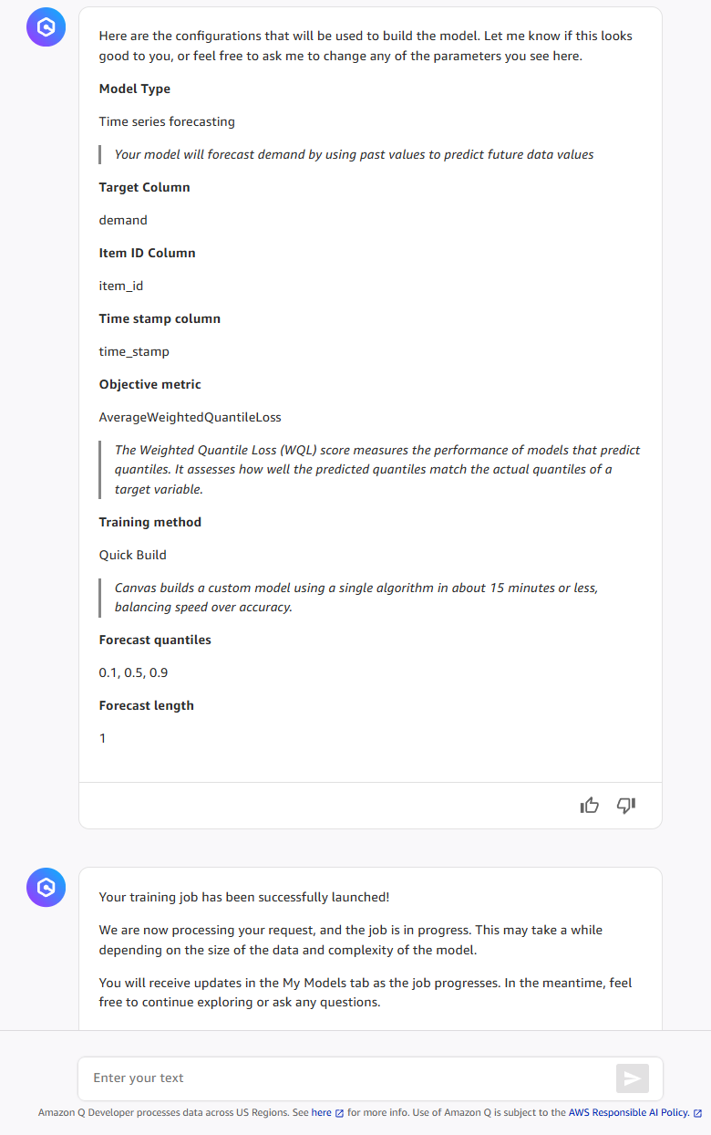 Una conversazione con Q Developer in cui l'utente ha richiesto di avviare la compilazione di un modello Canvas.