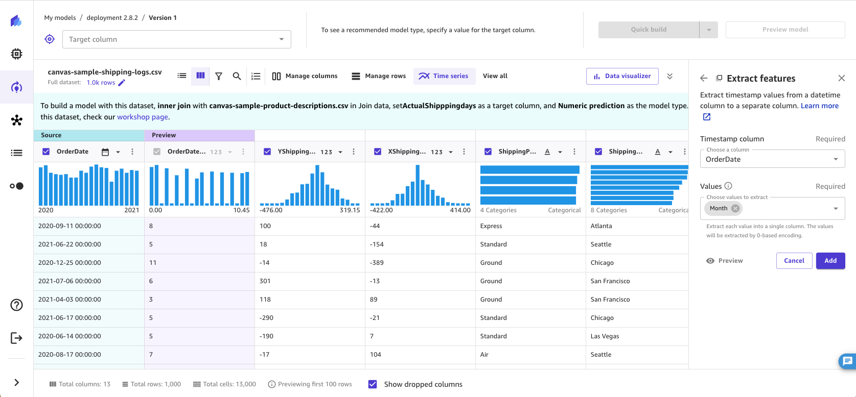 Schermata della casella di estrazione della data e dell'ora nell'applicazione Canvas. SageMaker