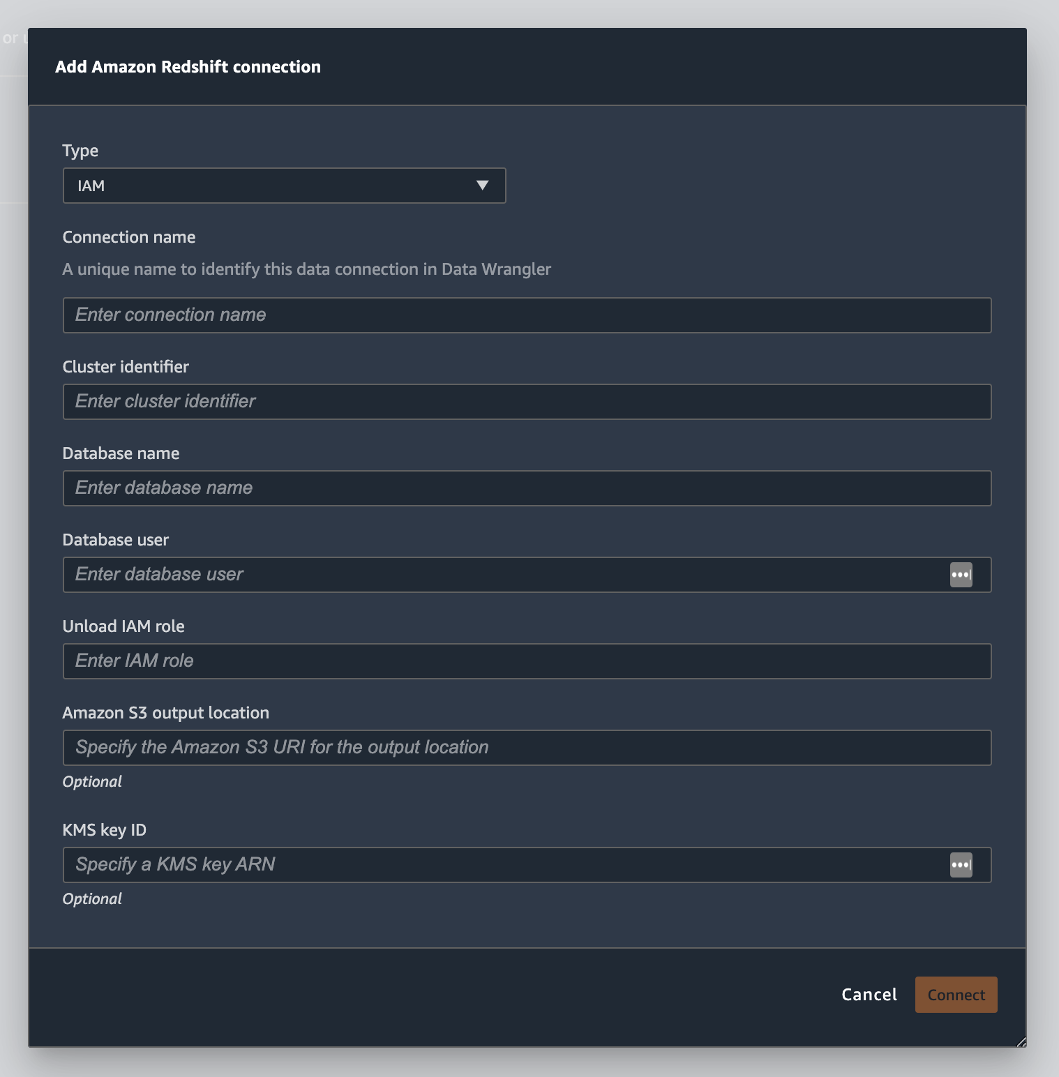 Il pannello Aggiungi connessione Amazon Redshift.