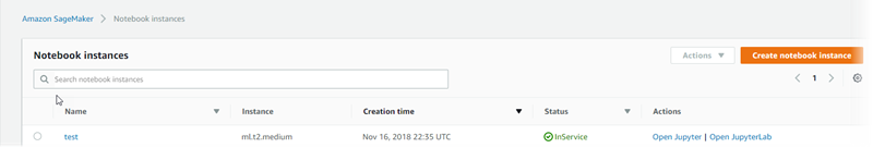 Esempio di sezione Istanze del notebook nella console.