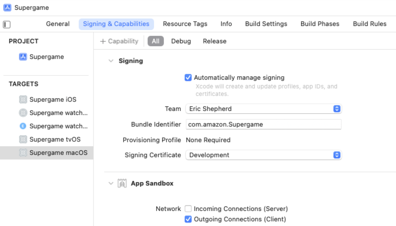 Xcode project settings showing Signing & Capabilities tab with App Sandbox options.