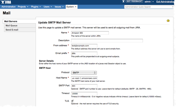 Configurazione e-mail SMTP per JIRA