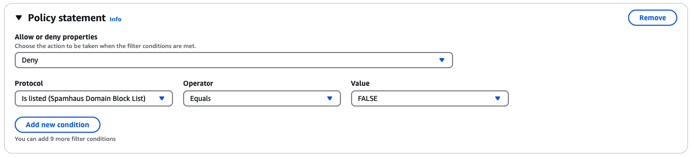 Utilizzo del componente aggiuntivo Spamhaus Domain Block List in una condizione di policy per bloccare le email che arrivano all'endpoint di ingresso.