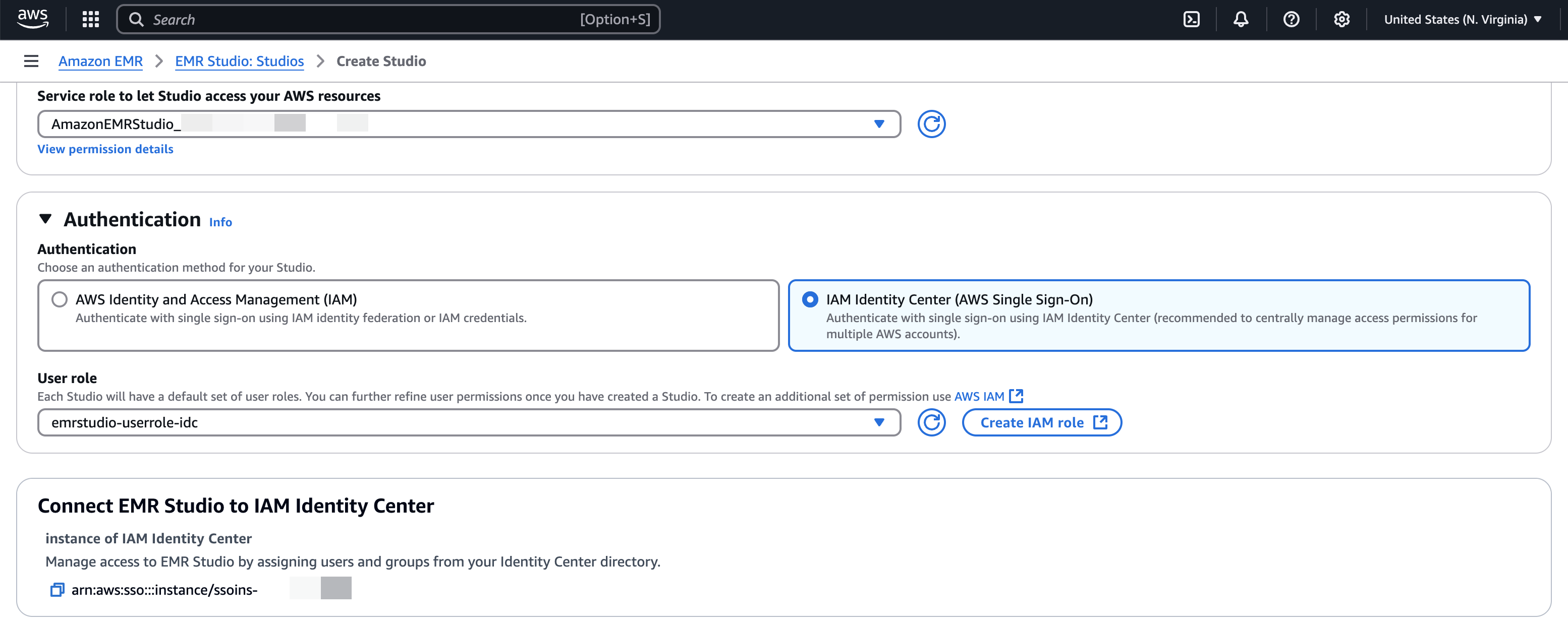 Step 3 Create EMR Studio in the EMR console, selecting IAM Identity Center for the authentication method.