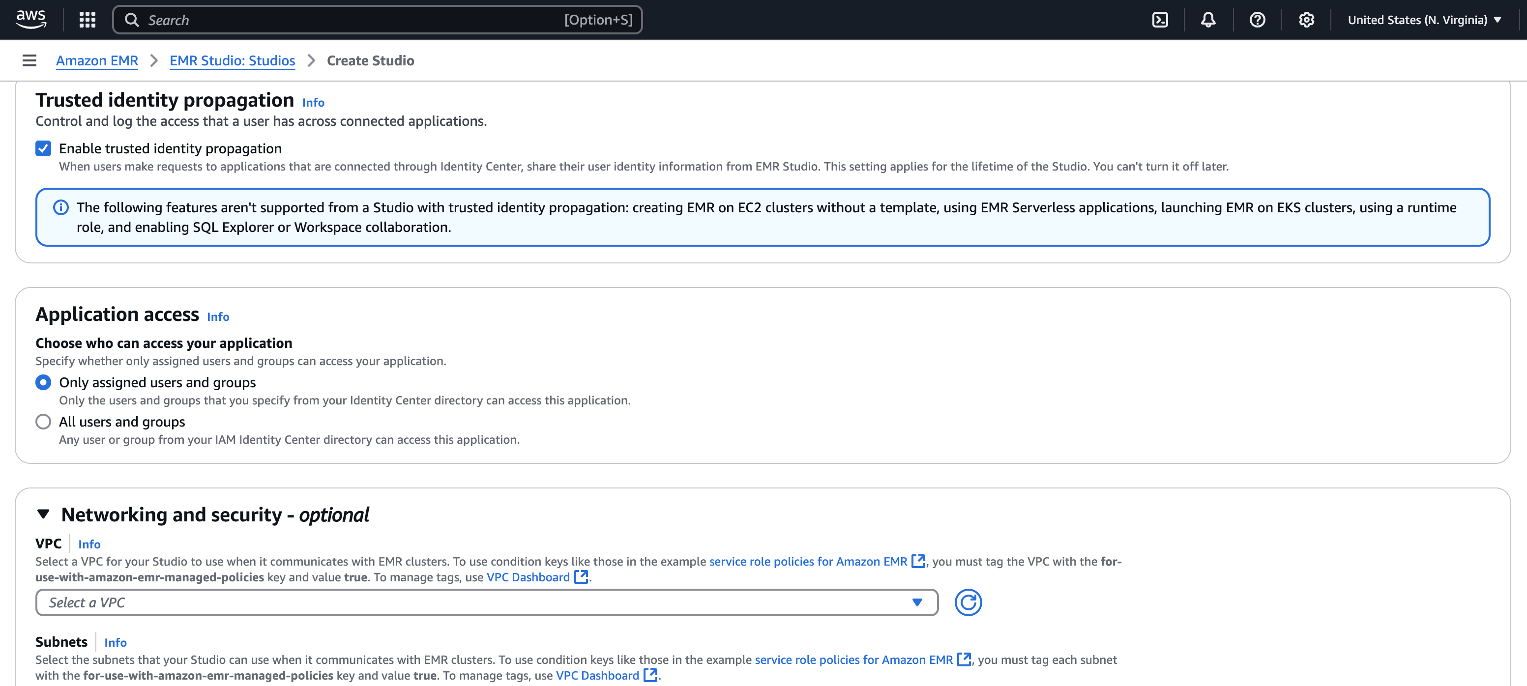Step 4 Create EMR Studio in the EMR console, selecting network and security settings.