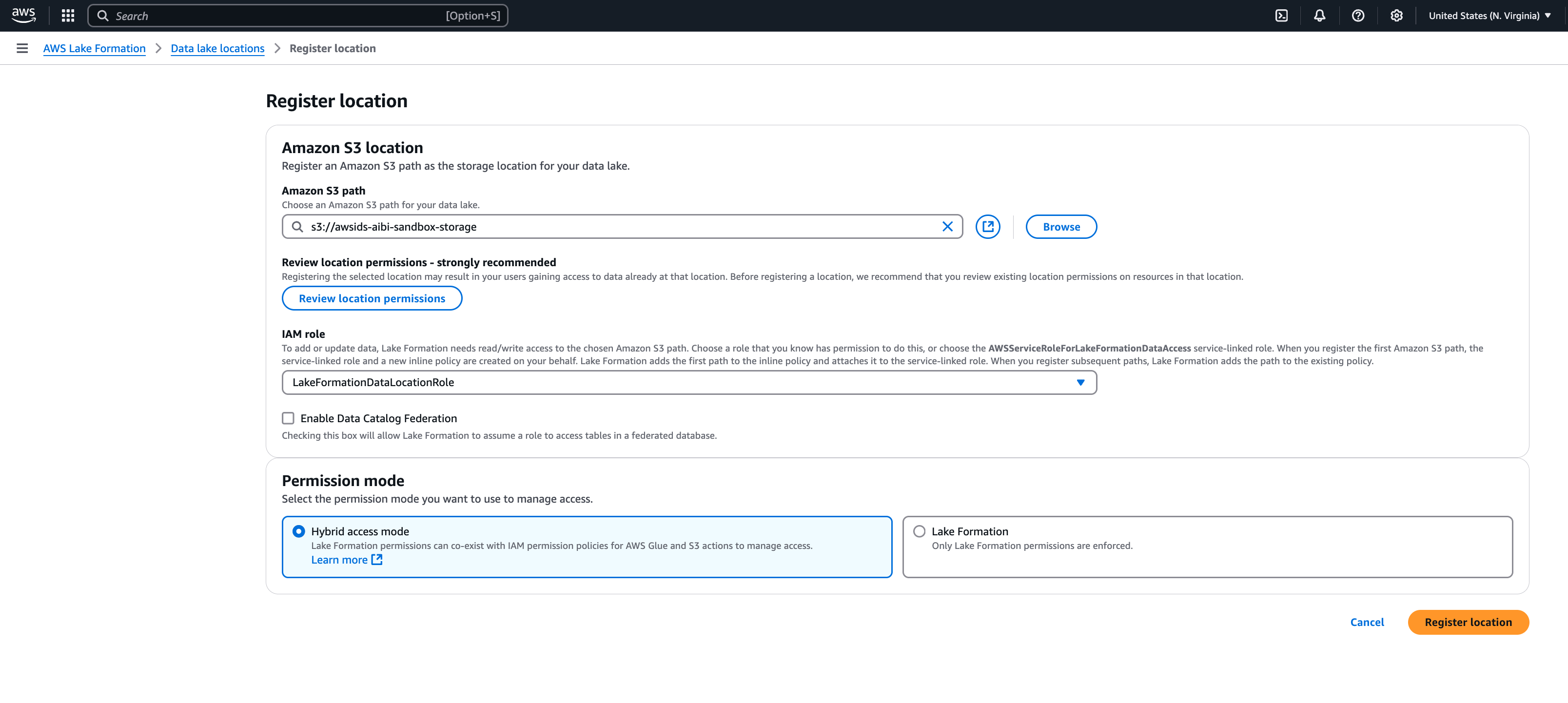 Step 1 Register data lake location in Lake Formation console.
