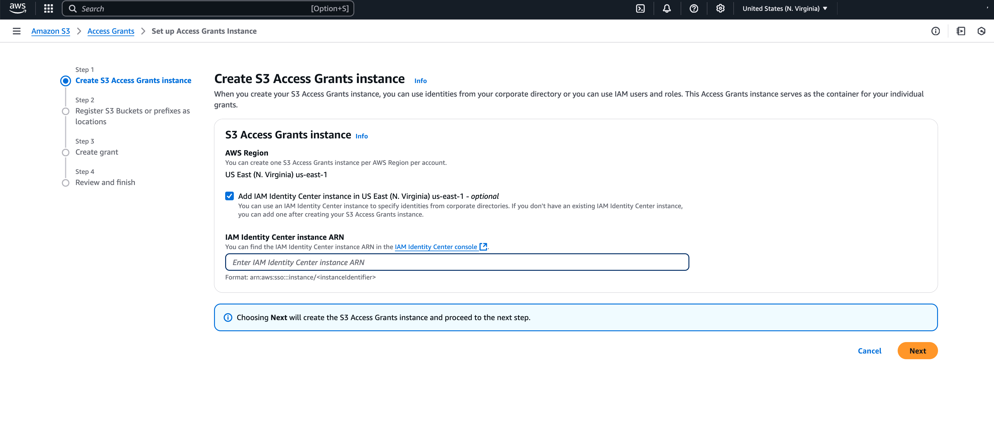 Create S3 Access Grants instance page in S3 Access Grants console.