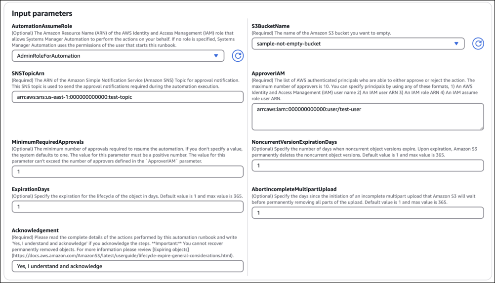 Immagine contenente alcuni parametri di input per il documento AWSSupport-EmptyS 3Bucket.