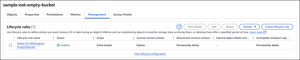 Immagine contenente la politica del ciclo di vita a Delete-All-AWSSupport-EmptyS 3 bucket configurata.