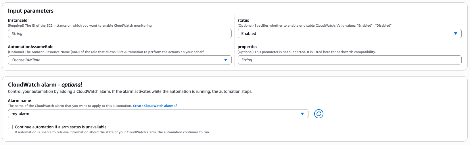 La sezione degli CloudWatch allarmi della console di Systems Manager Automation mostra la selezione degli allarmi e l'opzione per continuare quando lo stato di allarme non è disponibile.