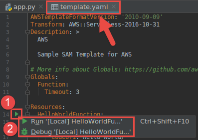 Esecuzione o debug della versione locale di una funzione Lambda partendo dalla definizione della funzione nel file di modello AWS SAM