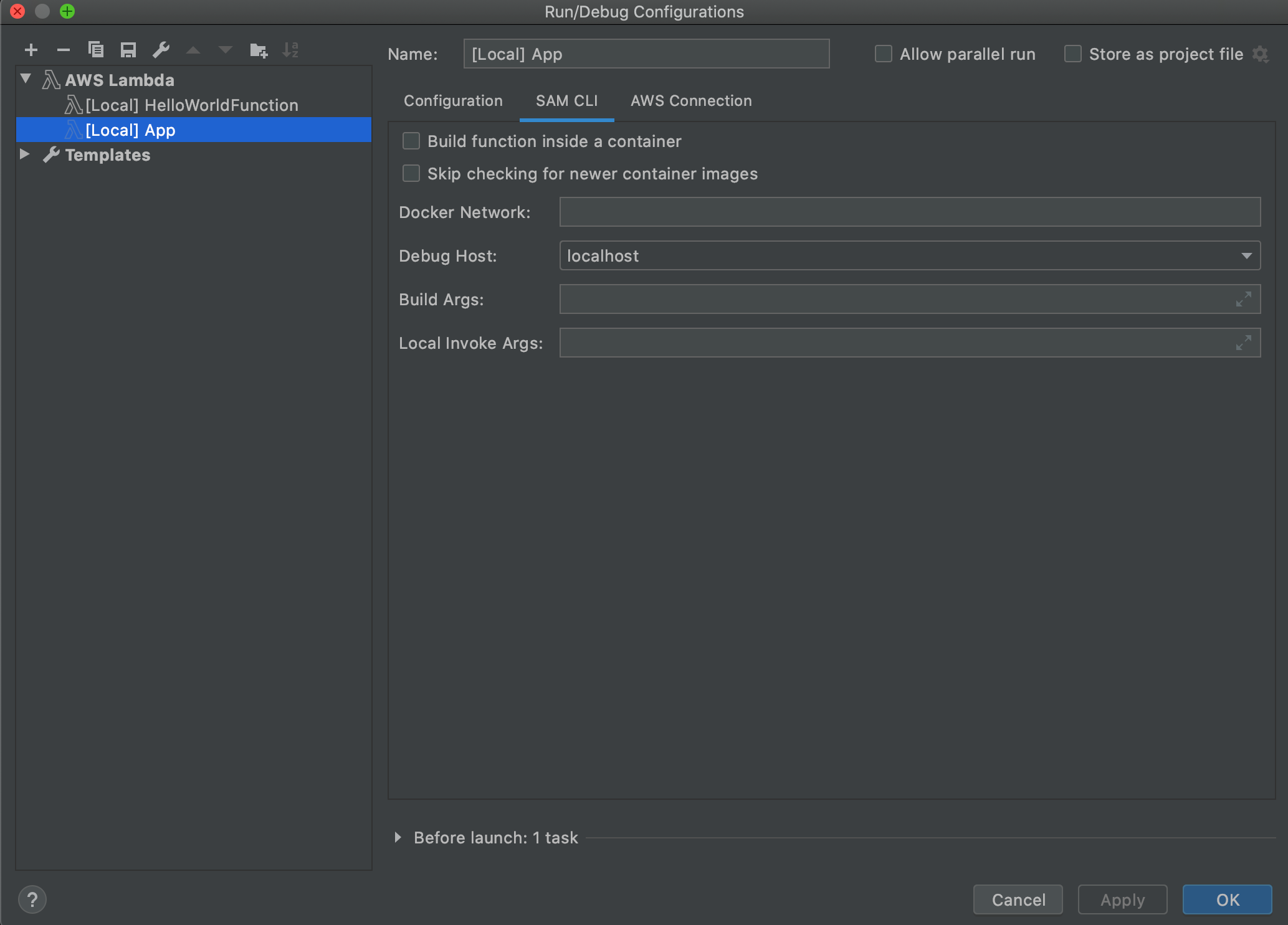 La scheda CLI SAM della finestra di dialogo Configurazioni di esecuzione/debug per le impostazioni delle funzioni locali.