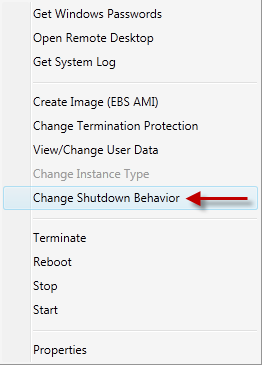 Context menu showing "Change Shutdown Behavior" option highlighted among other instance actions.