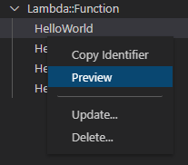 Opzioni di menu per una risorsa selezionata.