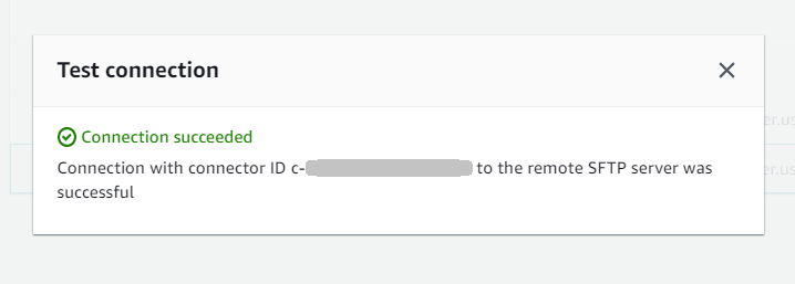 Il pannello di connessione del connettore SFTP verifica l'esito positivo del test.