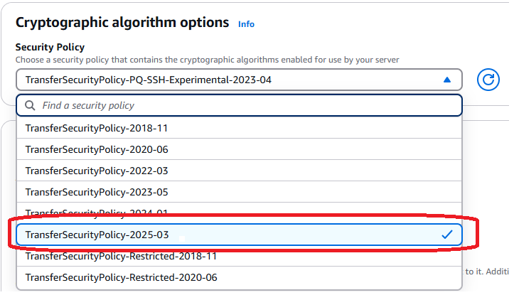 Mostra la politica post-quantistica selezionata per le opzioni dell'algoritmo crittografico.
