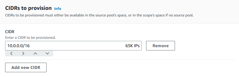 Definizione dei CIDR da fornire per un pool nella console IPAM.