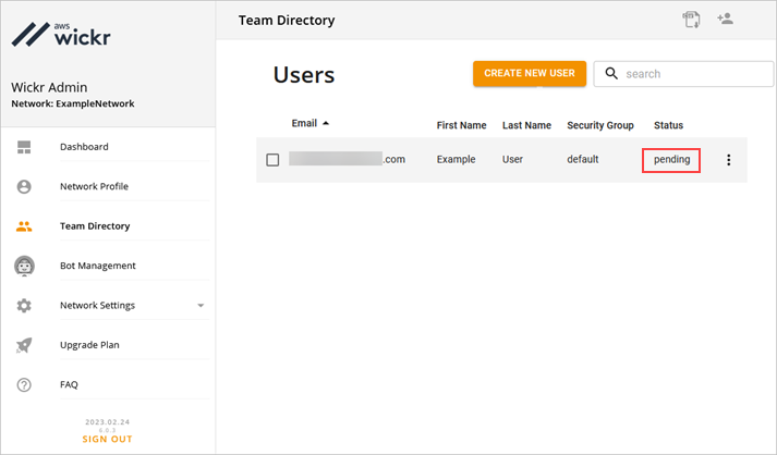 The New User page of the Wickr Admin Console.