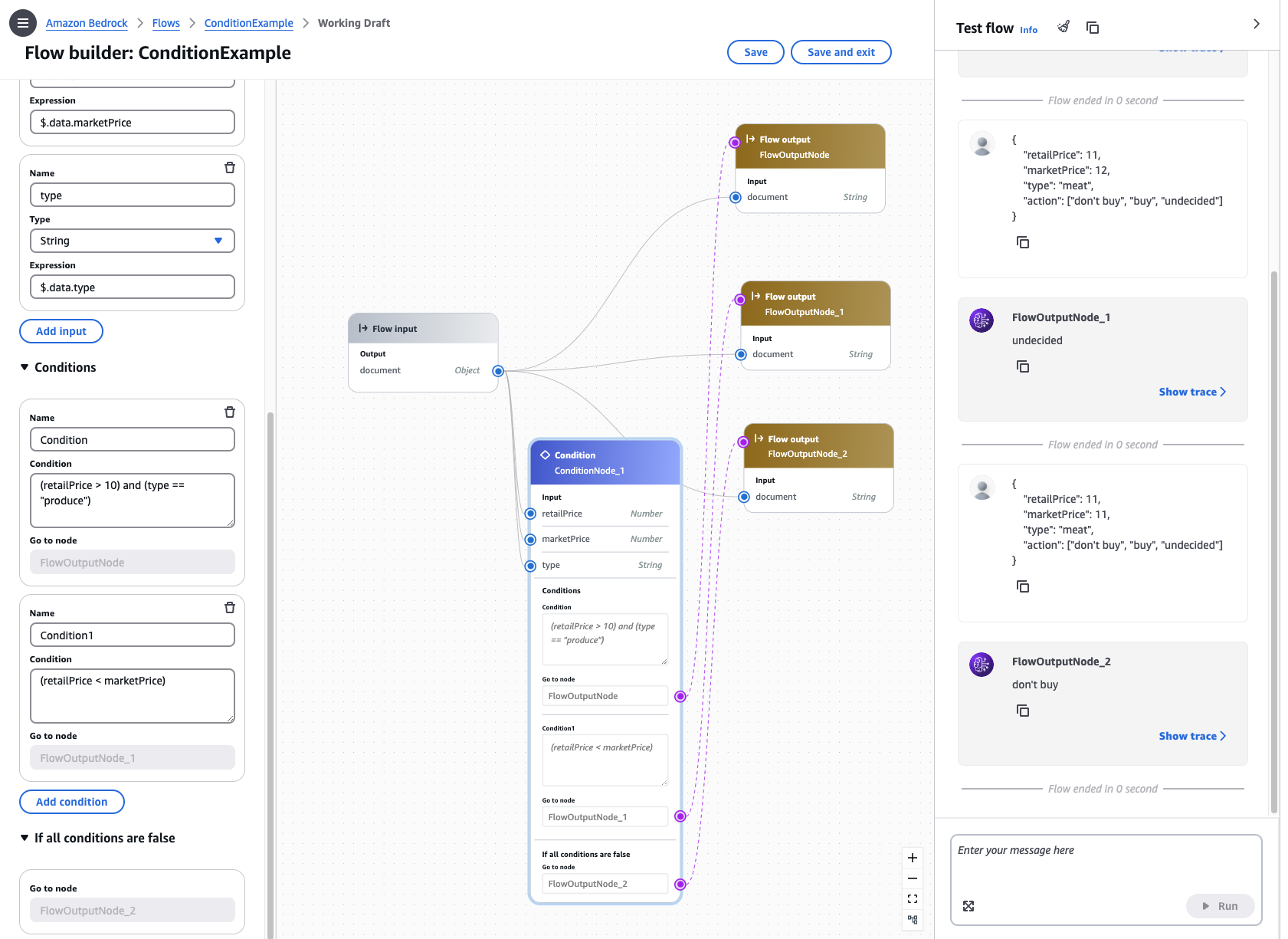 Example of using a condition node with two conditions.