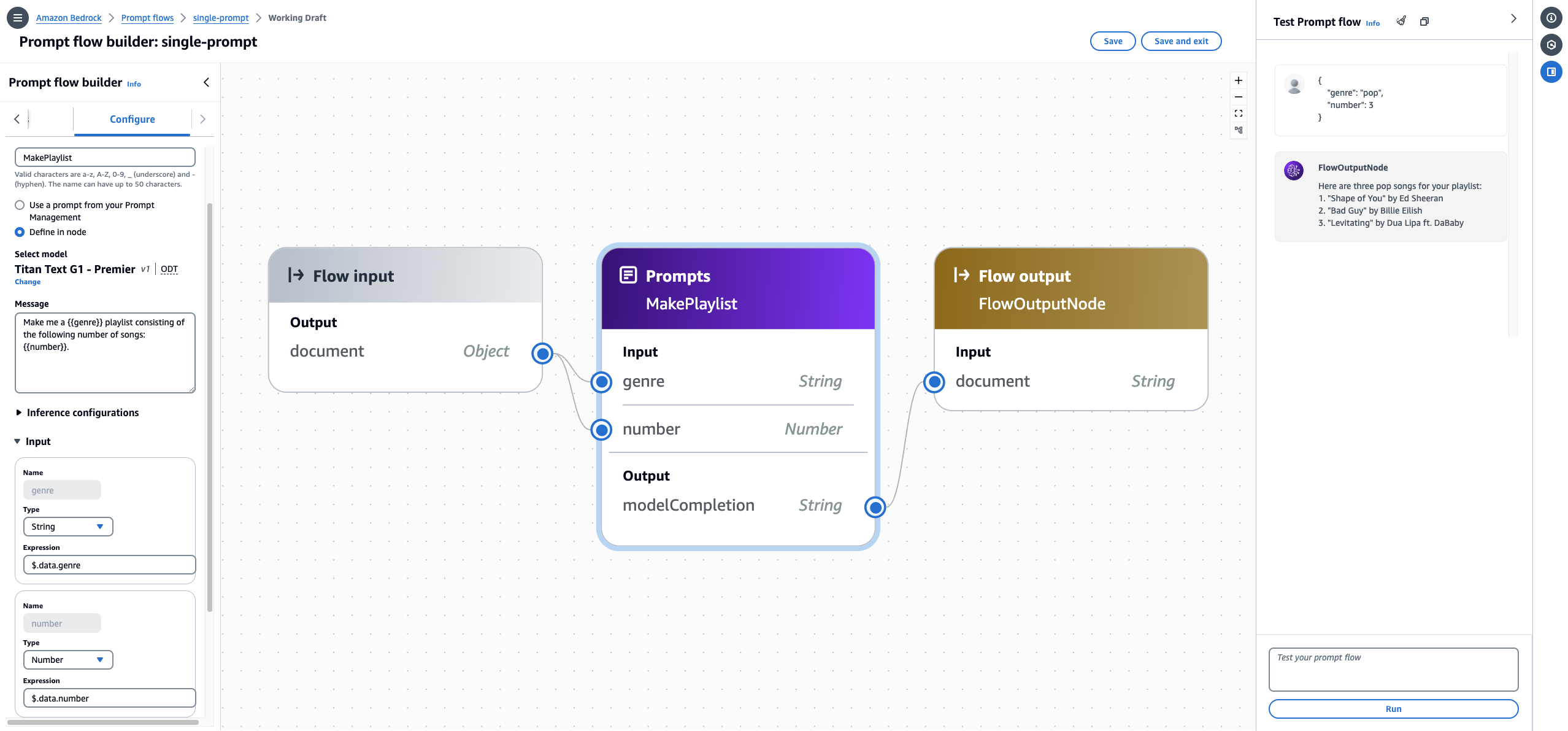 Example of using a prompt node with two variables.