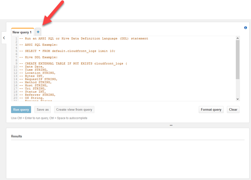 Screenshot demonstrating how to create a new query window in Athena.