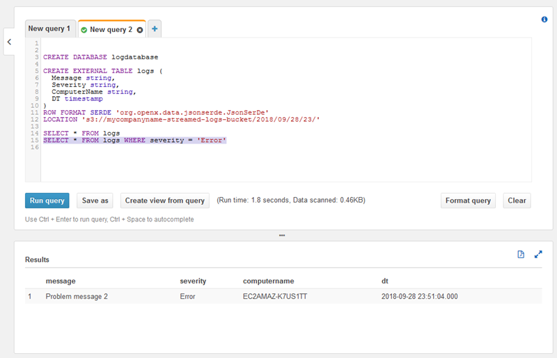 Screenshot demonstrating how to query for specific kinds of records in Athena.