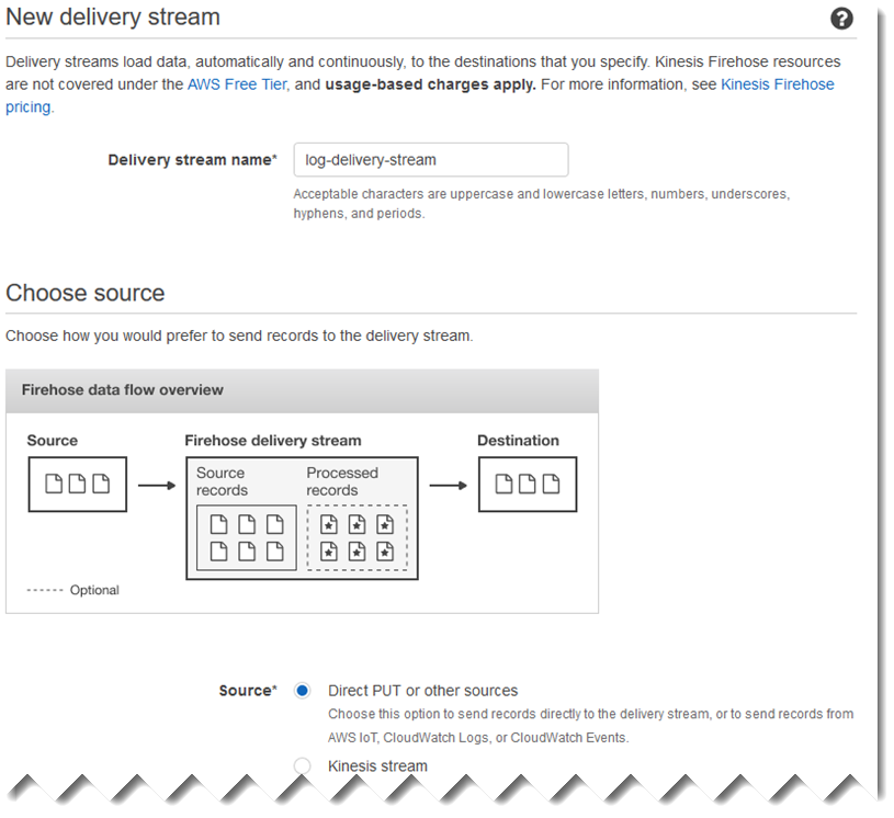 Screenshot demonstrating how to specify a source when creating a Firehose delivery stream.
