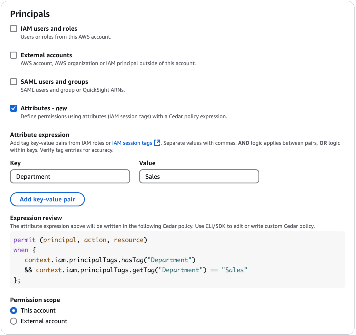 The interface to add principals and resources with an attribute expression.
