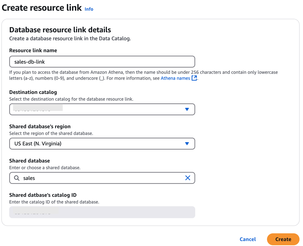 The Database details dialog box has the Resource link radio button selected, with the following fields filled in: Resource link name, Shared database, Shared database owner ID. Shared database owner ID is disabled (read-only).