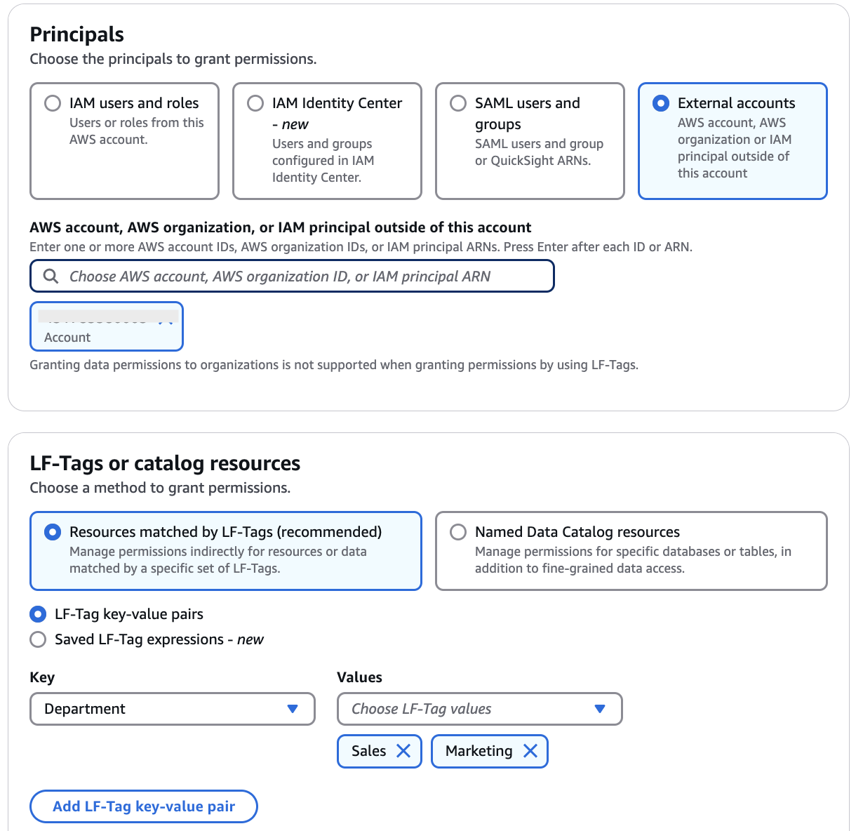 The grant permission screen with external account and LF-Tag key-value pairs specified.