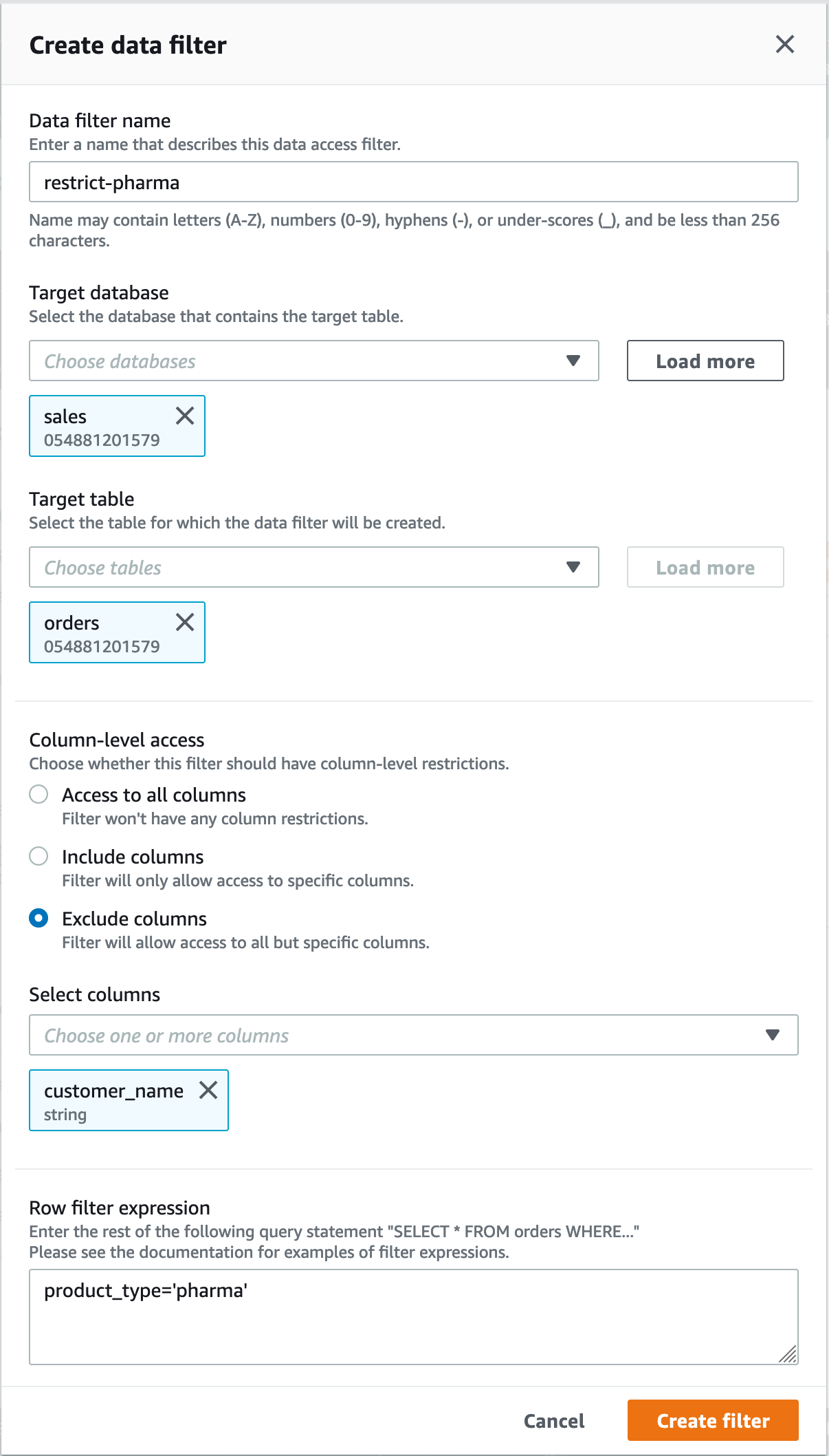 The data filter window contains these fields, arranged vertically: Data filter name; Target database; Target table; Option button group with the options Access to all columns, Include columns, and Exclude columns; Select columns (drop-down list); Row filter expression (multi-line text box). The Exclude columns option is selected, the customer_name column is selected for exclusion, and the Row filter expression field contains 'product_type='pharma'.