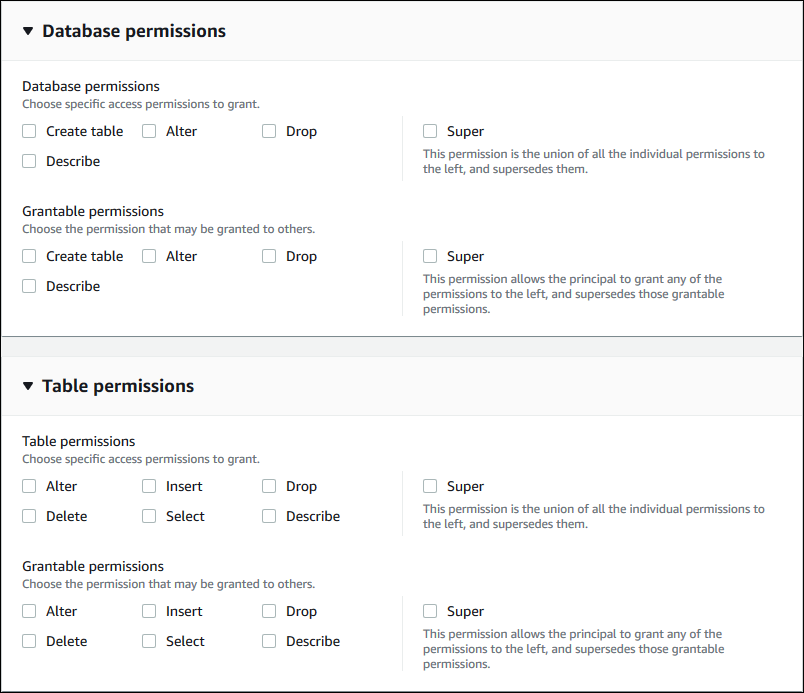Two sections of the page are shown. The Database permissions section contains check boxes for database permissions and grantable permissions. Beneath the Database section, the Table permissions section shows the check boxes for table permissions and grantable permissions.