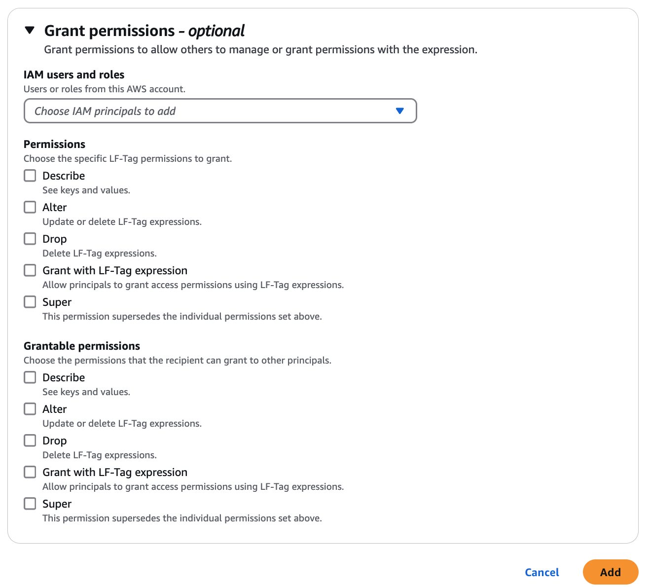 The page shows the fields to select permission to grant to other principals.