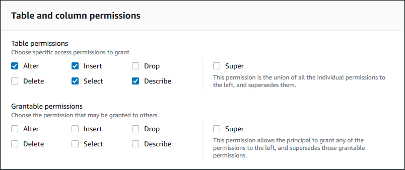 The Table and column permissions section has two subsections: Table permissions and Grantable permissions. Each subsection has a check box for each possible Lake Formation permission: Alter, Insert, Drop, Delete, Select, Describe, and Super. The Super permission is set off to the right of the other permissions, and has a description: "This permission allows the principal to grant any of the permissions to the left, and supersedes those grantable permissions."