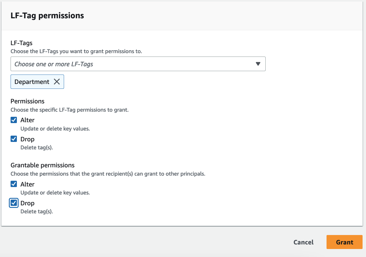 The LF-Tags section shows two rows of fields, where each row, going from left to right, has a Key field, a Value field, and a Remove button. The Value field is a drop-down list. Beneath the two rows of fields is an Add LF-Tag button. The first row shows "module" in the Key field, and beneath the Values field are two small tiles that contain Orders and Sales, respectively, indicating that the use has chosen Orders and Sales as the values for the key module. Each tile has an X that you can click (like a close box) to delete the tile. The second row if fields is empty.