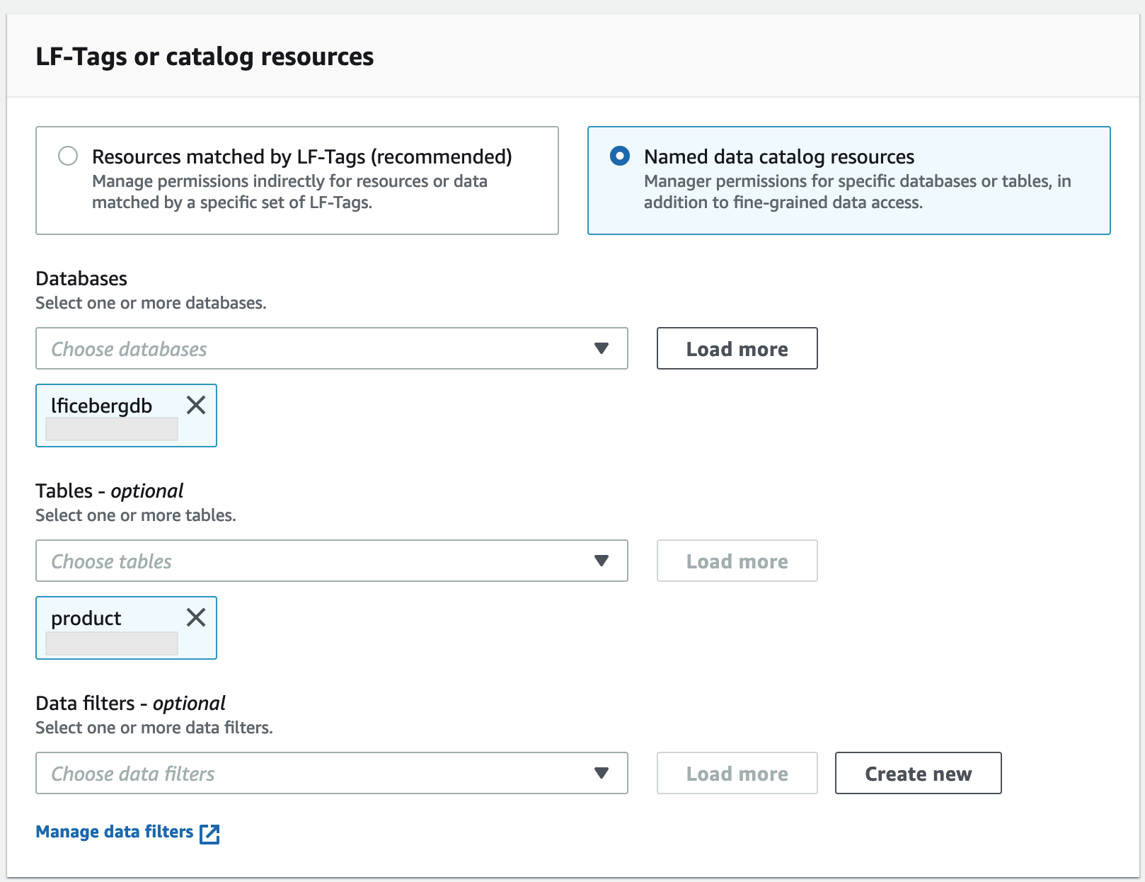 The image is a screenshot of the Lake Formation permissions page in the console.