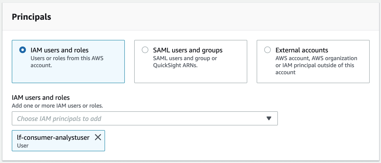 The image is a screenshot of the Lake Formation permissions page in the console.