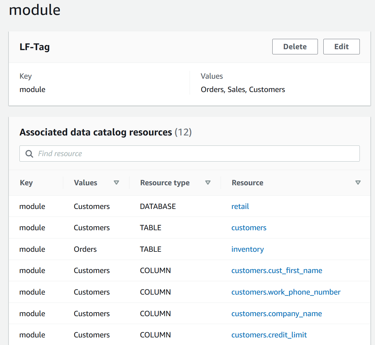 The image is a screenshot of the LF-Tag detail page for the key "module". The LF-Tag detail page has two sections. The top section displays the LF-Tag key and values. The bottom section displays the resources associated with that LF-Tag in a table with the following columns: Key, Values, Resource type, and Resource. The table has 12 rows, but only 7 are shown in the screenshot. The table rows show that the LF-Tag is assigned to a database, two of the tables in the database, and by inheritance, the columns of those tables.