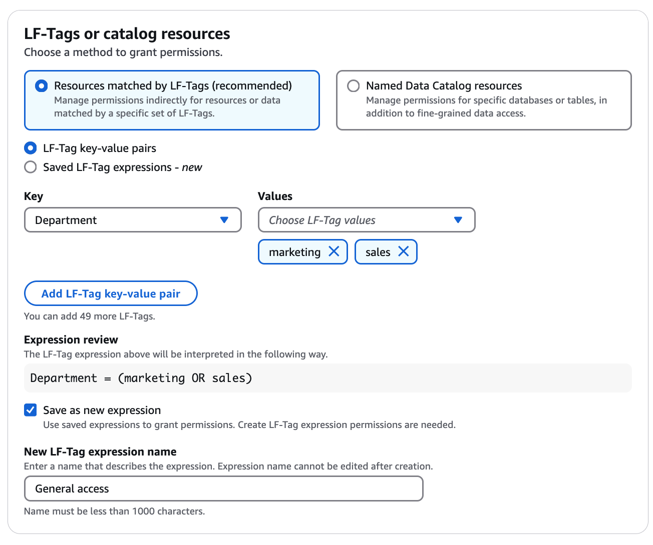 The page has fields to select expression body and a filed to enter a name.