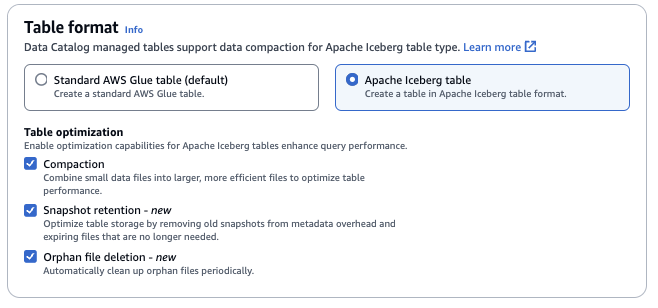 Apache Iceberg table option selected with table optimization options.
