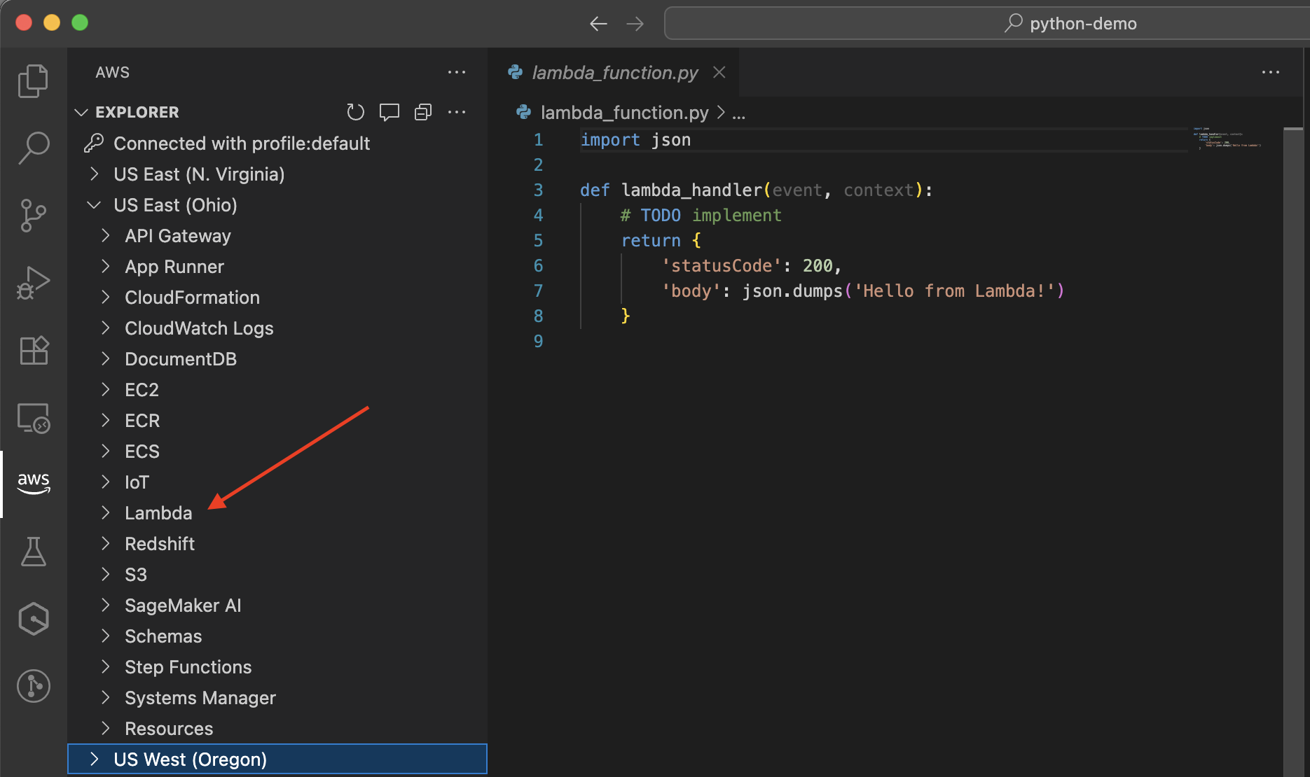 AWS Explorer showing region selection
