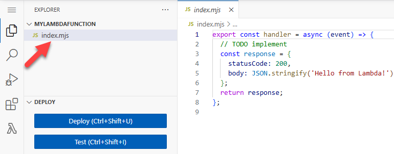 Diagram showing the console code editor and the index.mjs file in the file explorer