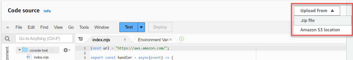 Upload .zip file from code source pane